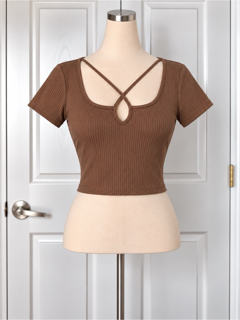 Pink Rose Brown Ribbed Crop Top L Strappy Crisscross Keyhole Cutout Y2K
